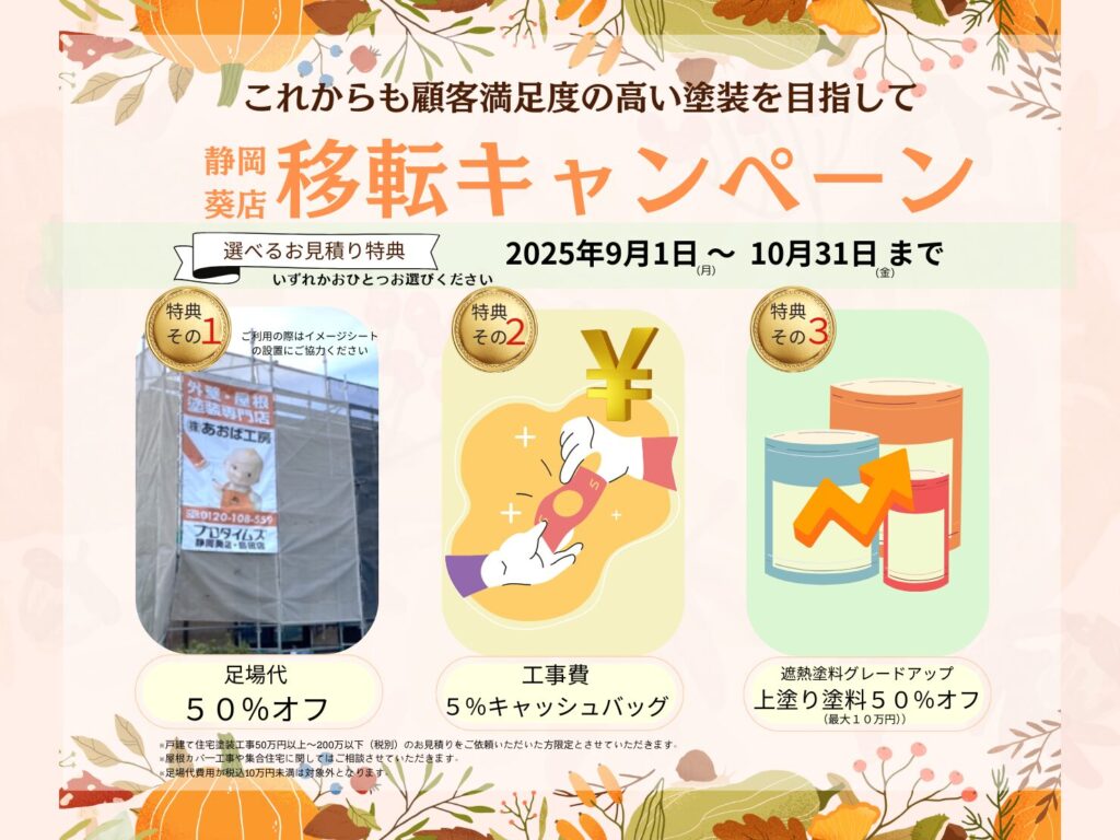 【静岡市・島田市の外壁塗装専門店：あおば工房】静岡葵店移転キャンペーン！！