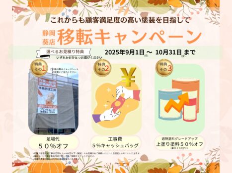 【静岡市・島田市の外壁塗装専門店】静岡葵店移転キャンペーン！！